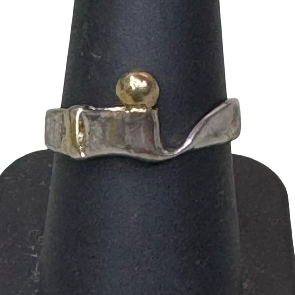 Vintage Hook Eye Buckle Two Tone Sterling Silver & Gold Ball Artisan Ring Size 8